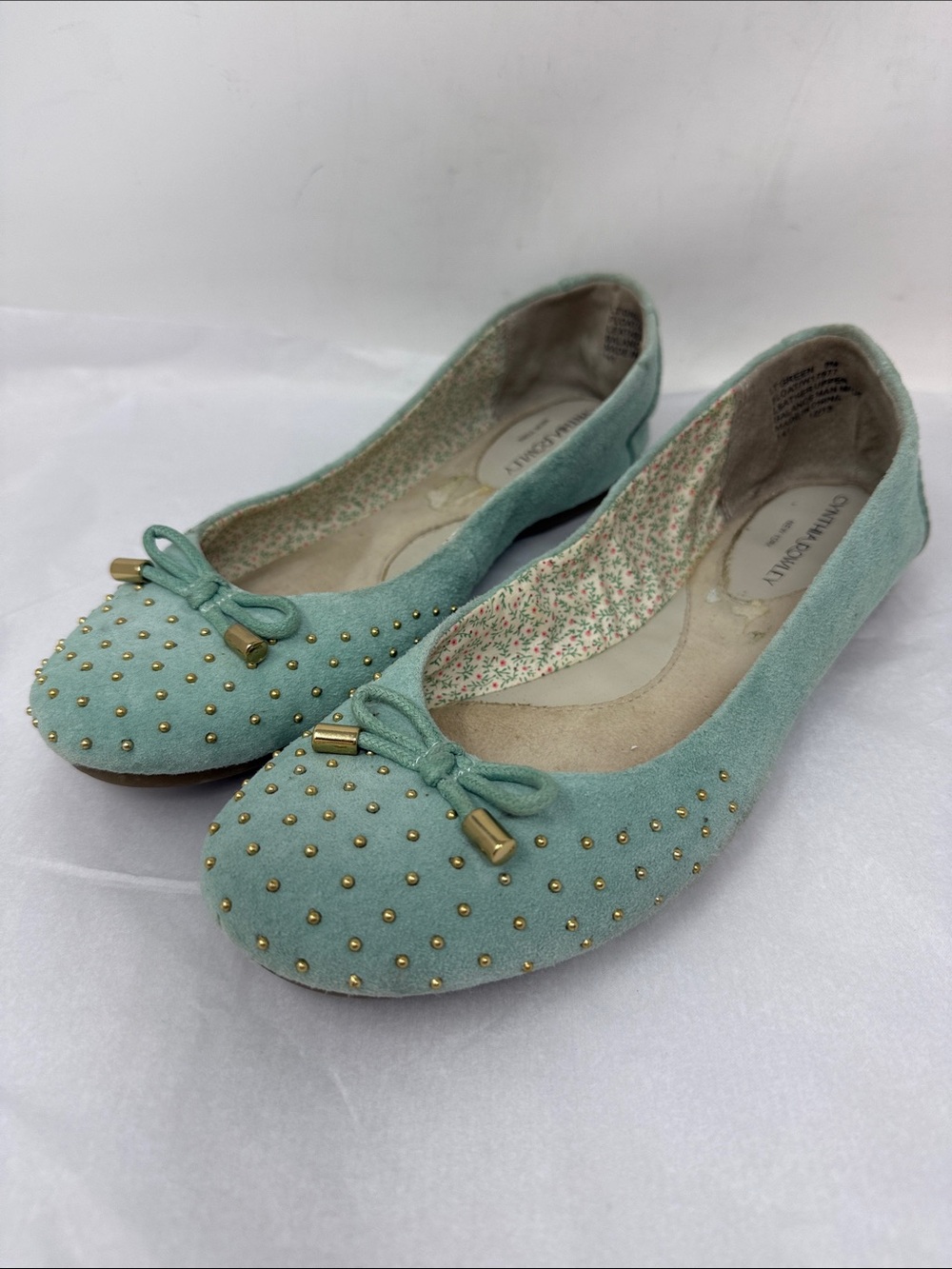 Cynthia Rowley Mint Green Suede Leather Studded Bow Ballet Flats Size 8 Whimsy